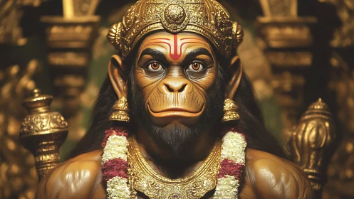 Monkey-headed deity idol with ornate gold crown and garland