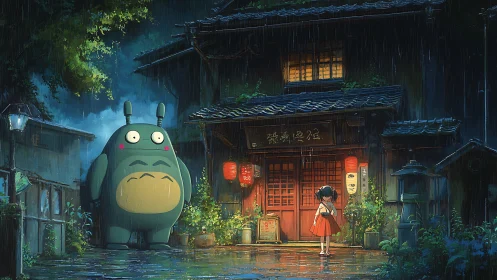 Rain-soaked alley encounter with towering forest guardian.