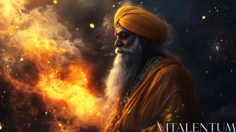 Elderly turbaned man beside swirling cosmic fire plume.