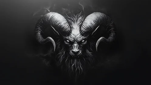 Horned shadow guardian emerging from swirling darkness.