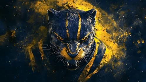 Fierce digital panther head in blue and yellow paint burst.