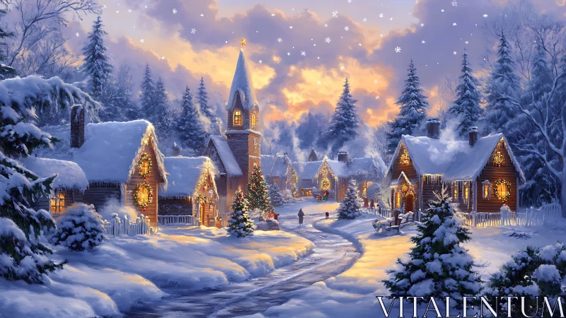 Snow-laden village street under golden winter sunset glow.