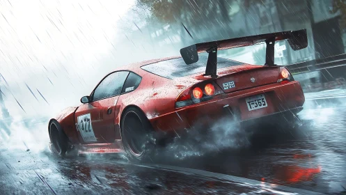 Red racing coupe drifts on wet urban road during rainfall
