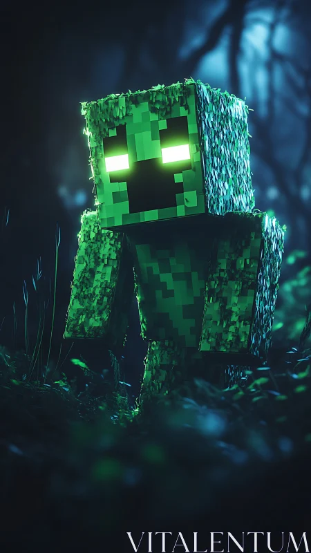 Voxel creeper stalks neon forest under cinematic moonlight.