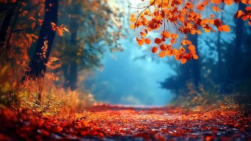 Autumn Forest Path with Golden Foliage.