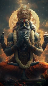 Radiant blue deity sits in serene meditation amid glowing light