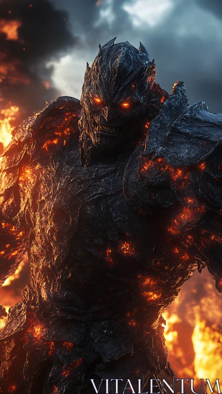 Armored lava demon stands amid erupting fire and smoke