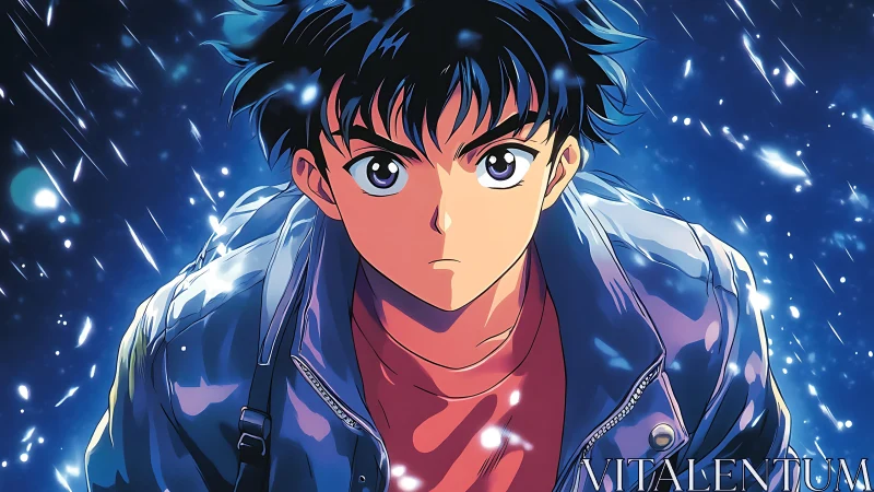 Midnight resolve in a rainlit anime city street.