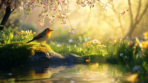 Spring songbird beside sunlit forest pond at sunrise.