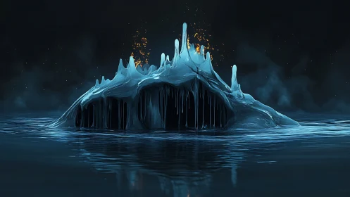 Frozen Volcanic Island Erupts Through Icy Waters at Night