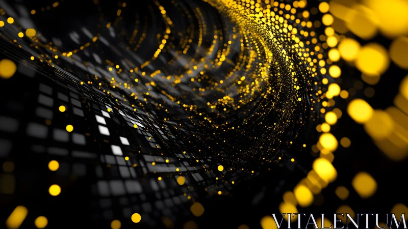 Dynamic swirl of glowing golden particles in digital abstract art.