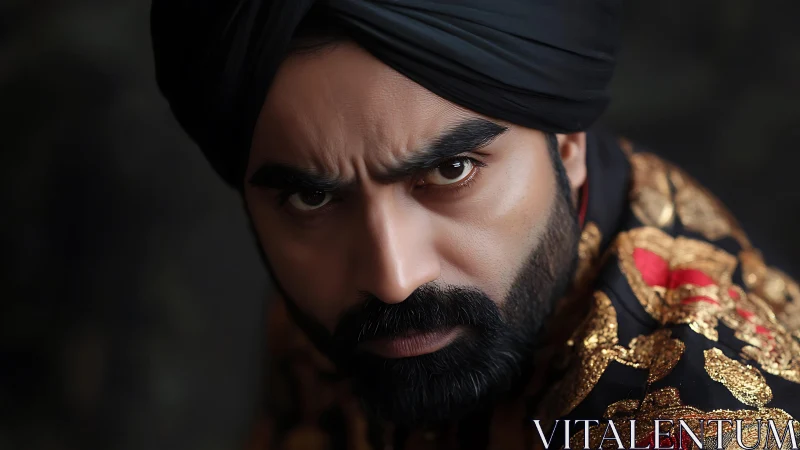 Intense gaze meets rich embroidered elegance in warm focus