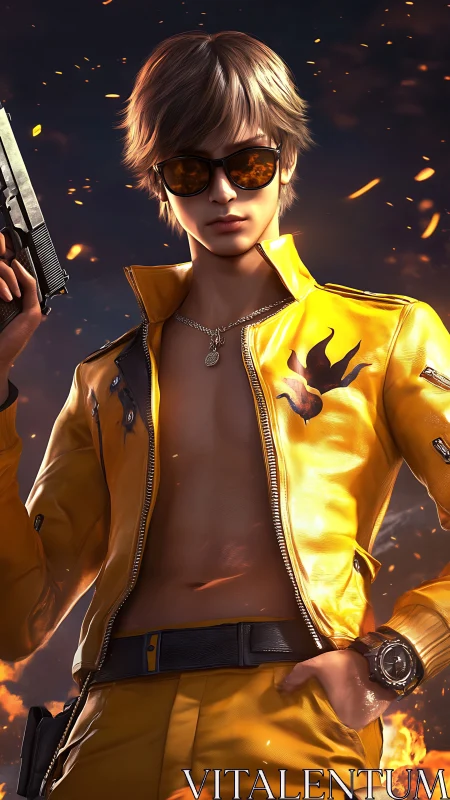 Stylized action portrait in glossy yellow combat attire.