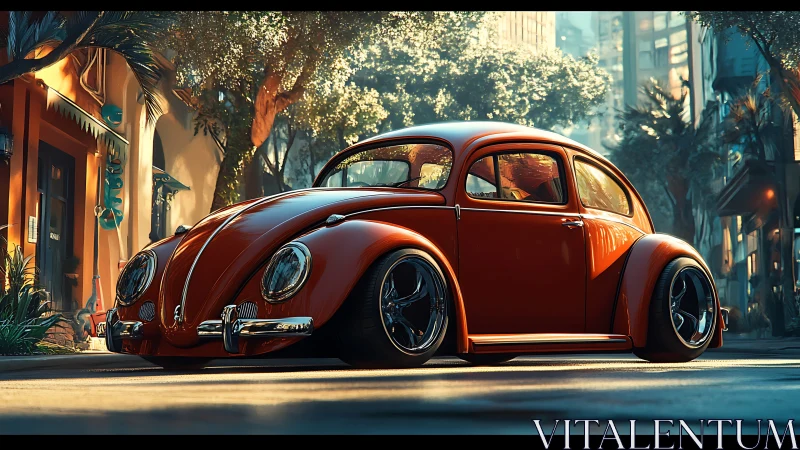 Sunlit vintage red Beetle resting on a calm city street.