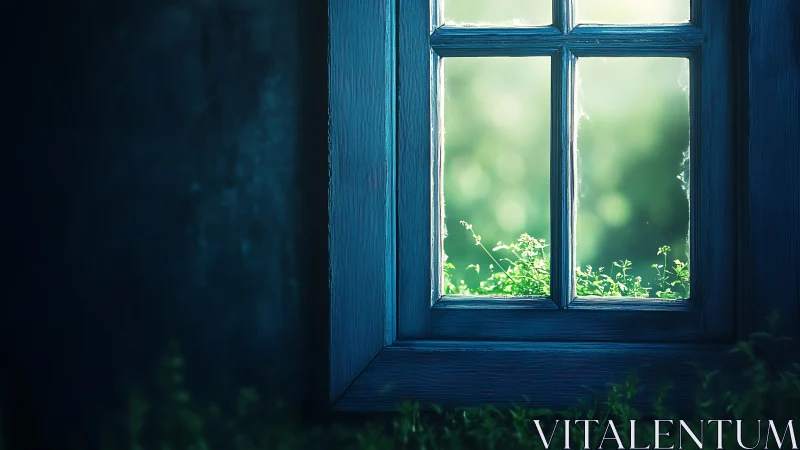 Luminous garden framed by weathered teal window geometry.
