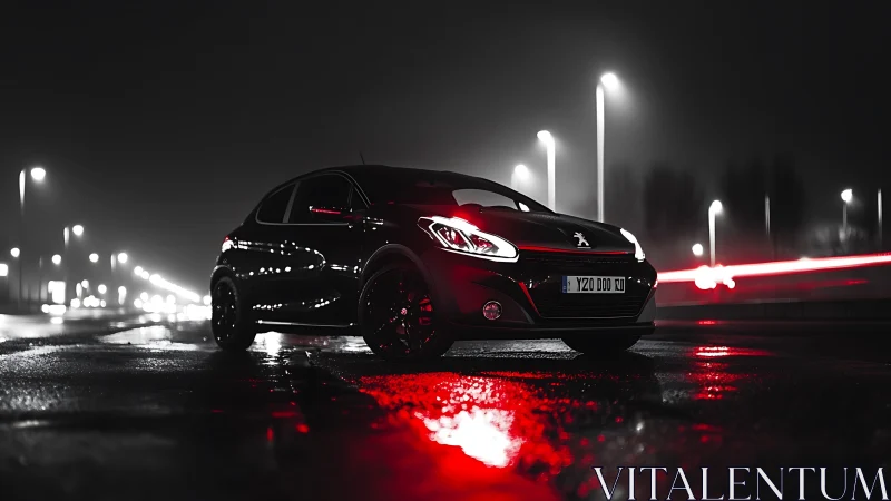 Black city hatchback cuts wet night with red reflections.