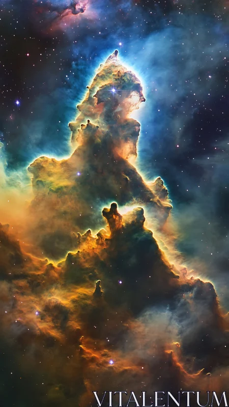 Photorealistic nebula pillar with luminous contour gradients.