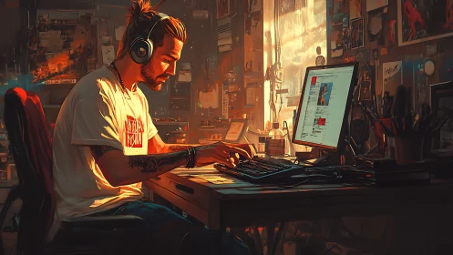Digital artist at workstation in warm cinematic backlight.