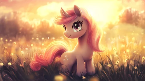 Iridescent unicorn foal in volumetric sunset meadow glow.