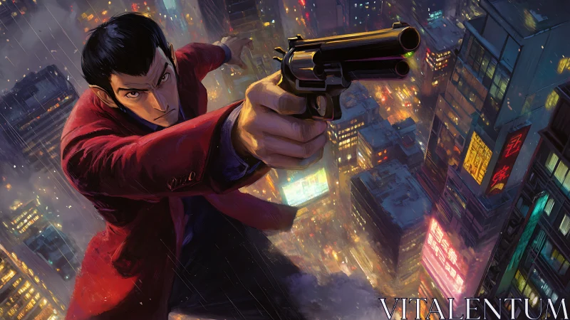 Daring rooftop leap sends a bold gunman into neon night