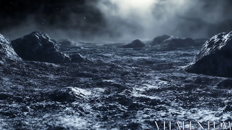 Frozen lunar plain under harsh silver backlight glow.