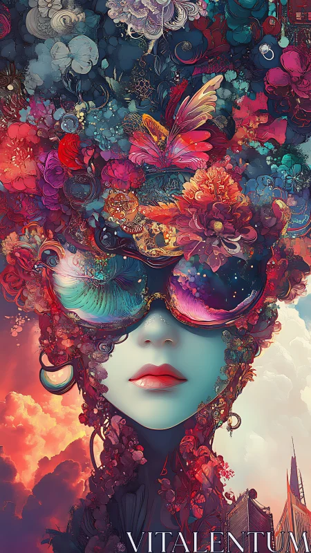 Surreal digital portrait with florals and reflective eyewear.