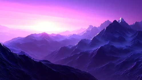 Neon dawn drifting over violet dream-forged mountainscape.