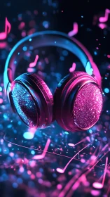 Glittering neon headphones glow amid floating music notes.