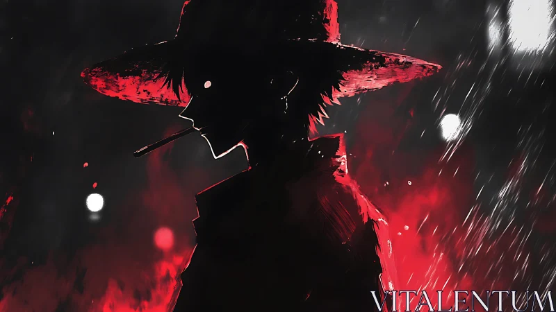 Silhouetted wanderer under crimson rain with moody backlight.