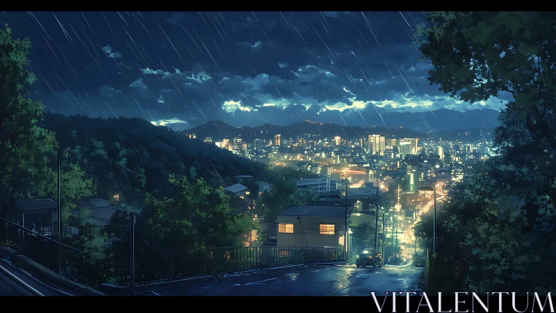 Rainy hillside road overlooks glowing night city skyline