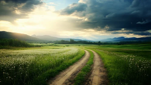 Country dirt road across green meadow toward distant hills.