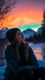Girl enjoying a dreamy winter sunset in the snowy mountains.