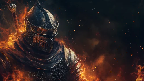 Firelit knight rising from embers with quiet, fierce resolve.