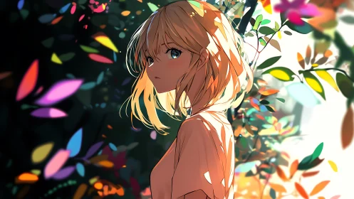 Backlit anime portrait isolates blonde girl in prismatic foliage