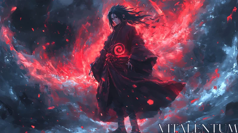 Dark-robed figure stands amid red and blue energy vortex
