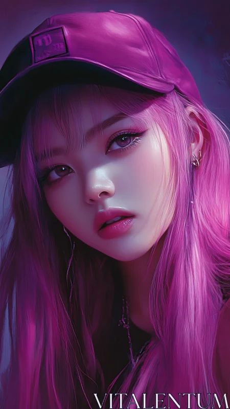 Digital portrait of pink haired woman in cap, neon hues.