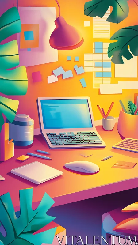 Vibrant home office workspace in warm gradient digital painting.