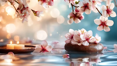 Spa still life with cherry blossoms and candles, photorealistic.