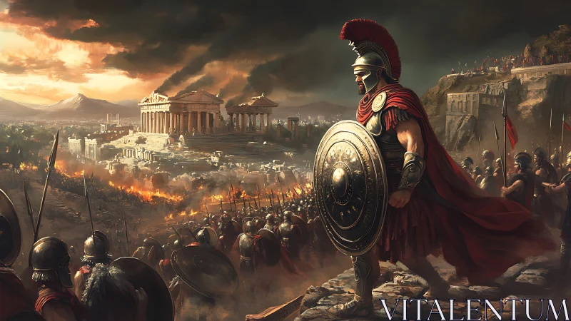 Armored Greek commander oversees burning classical cityscape
