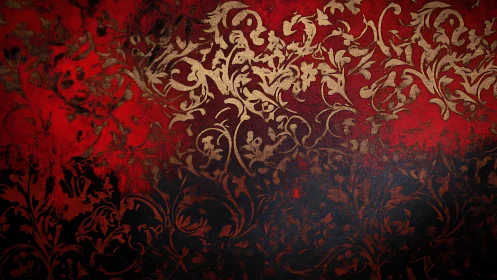 Golden florals drifting across deep red and shadowed black.