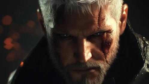 Scarred warrior’s cold stare cuts through smoldering darkness