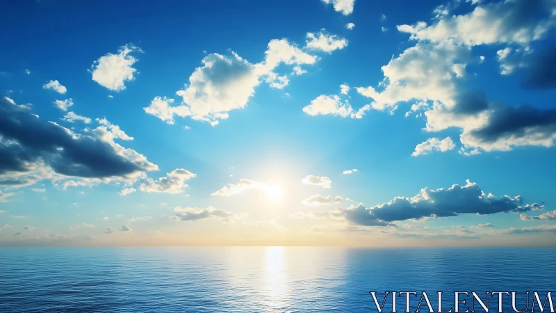 Calm ocean horizon under low sun and scattered clouds.