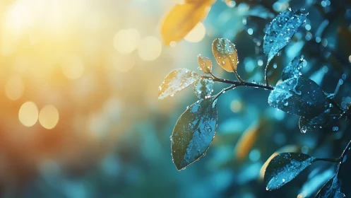 Dew-covered leaves catch warm sunrise bokeh light glow.