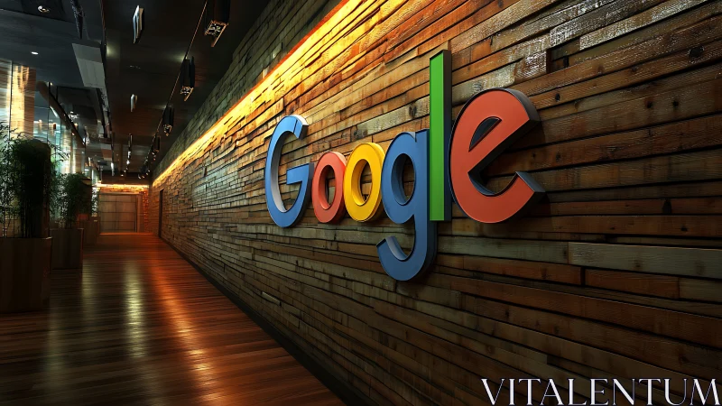 Google logo glows along warm wooden office corridor wall.