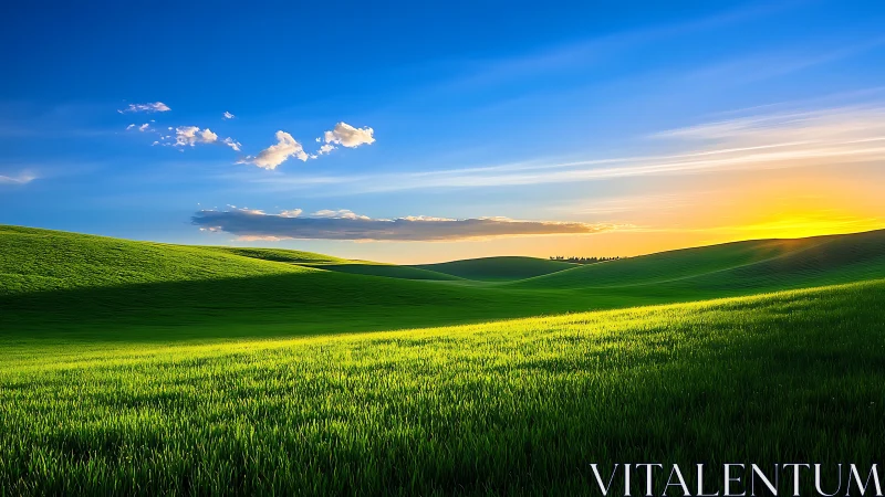 Sunlit green hills roll beneath a vibrant blue evening sky
