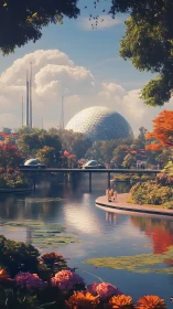 Futuristic biodome park integrates transit over reflective canal