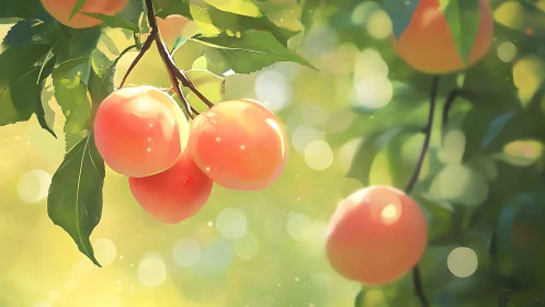 Backlit stone fruits in soft focus digital orchard study.