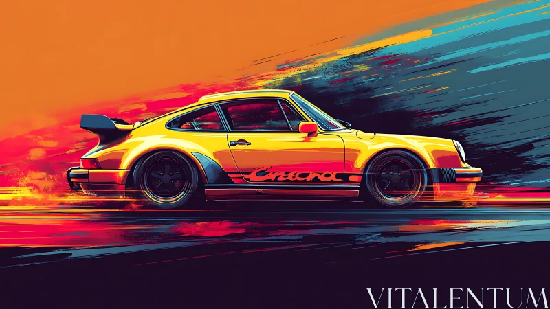Retro racing coupe slices neon dusk in vivid motion.