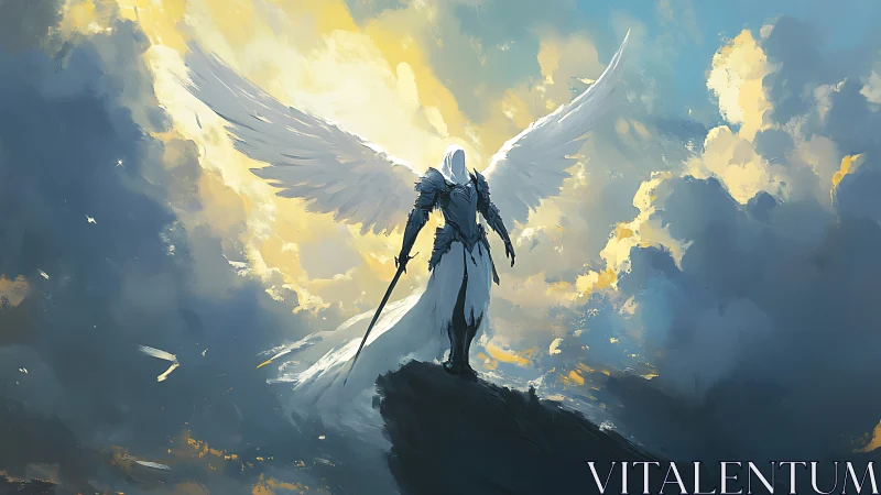Winged armored figure with sword on cliff in clouded sky.
