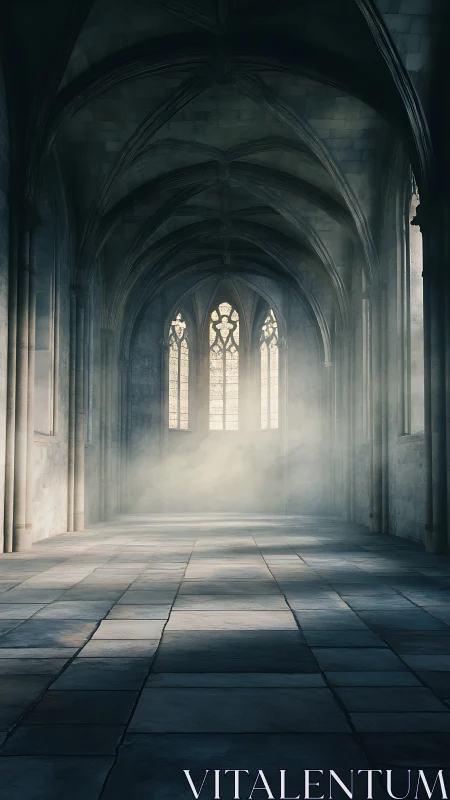 Gothic stone nave with misty light and ribbed vaults.